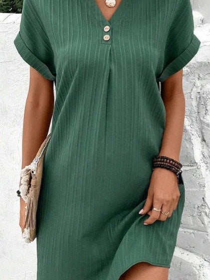 V-Neck Short Sleeve Solid Pullover Button Dress
