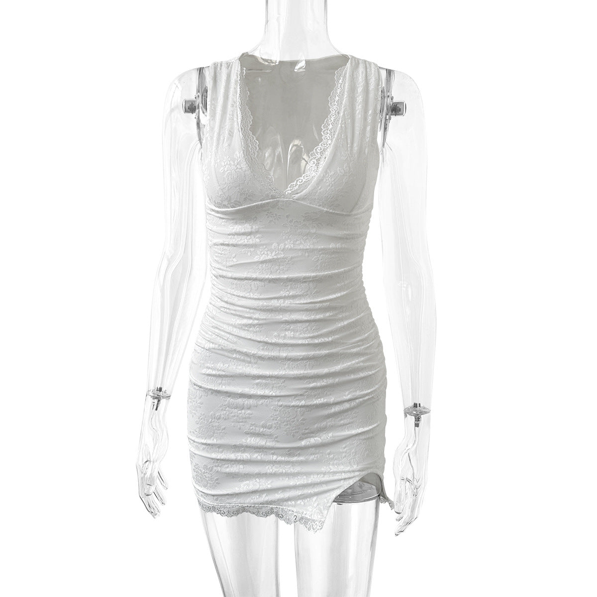 V-Neck Lace Side-Slit Bodycon Mini Dress