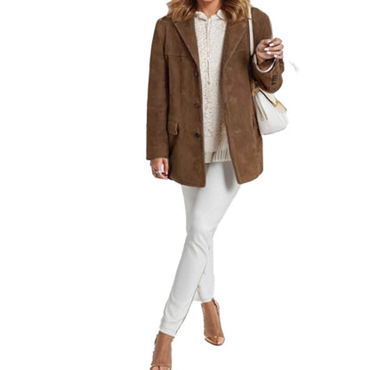 Vintage Style Loose Suede Long-Sleeve Blazer with Pockets for Women