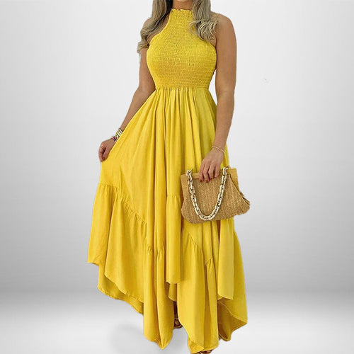 Ruched Sleeveless Solid Color Asymmetrical Flared Dress